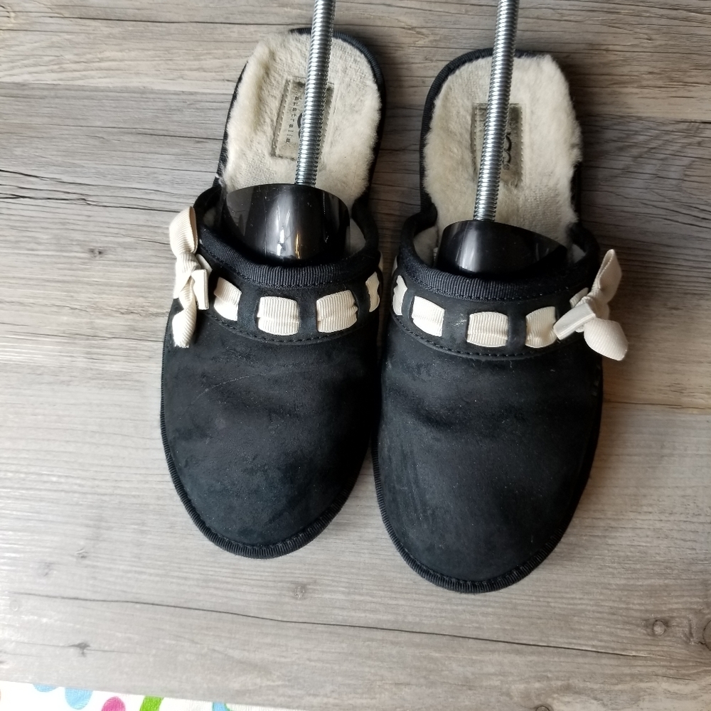 Ugg Suede Ribbon Bow Faux Fur Lined Slip On Scuff Slippers - Picture 2 of 10